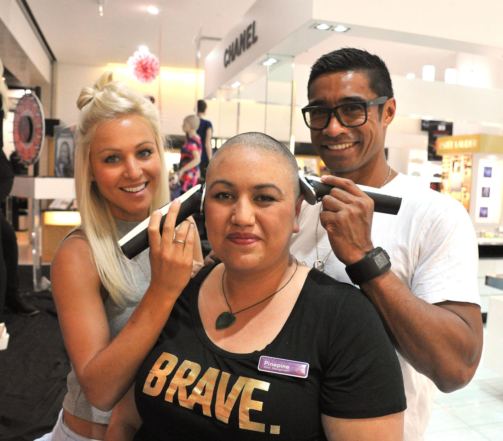 Kerry-Lee Dewing and Pua Magasiva celebrate Shave for a Cure