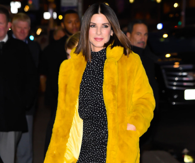 Sandra Bullock yellow fur coat