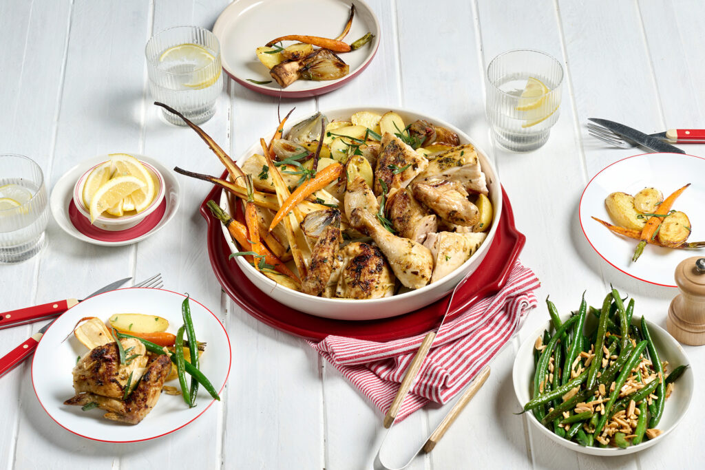 Roast chicken with roast veges and green beans
