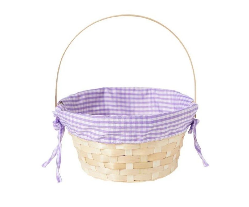 Bamboo Easter Basket with purple gingham fabric interior