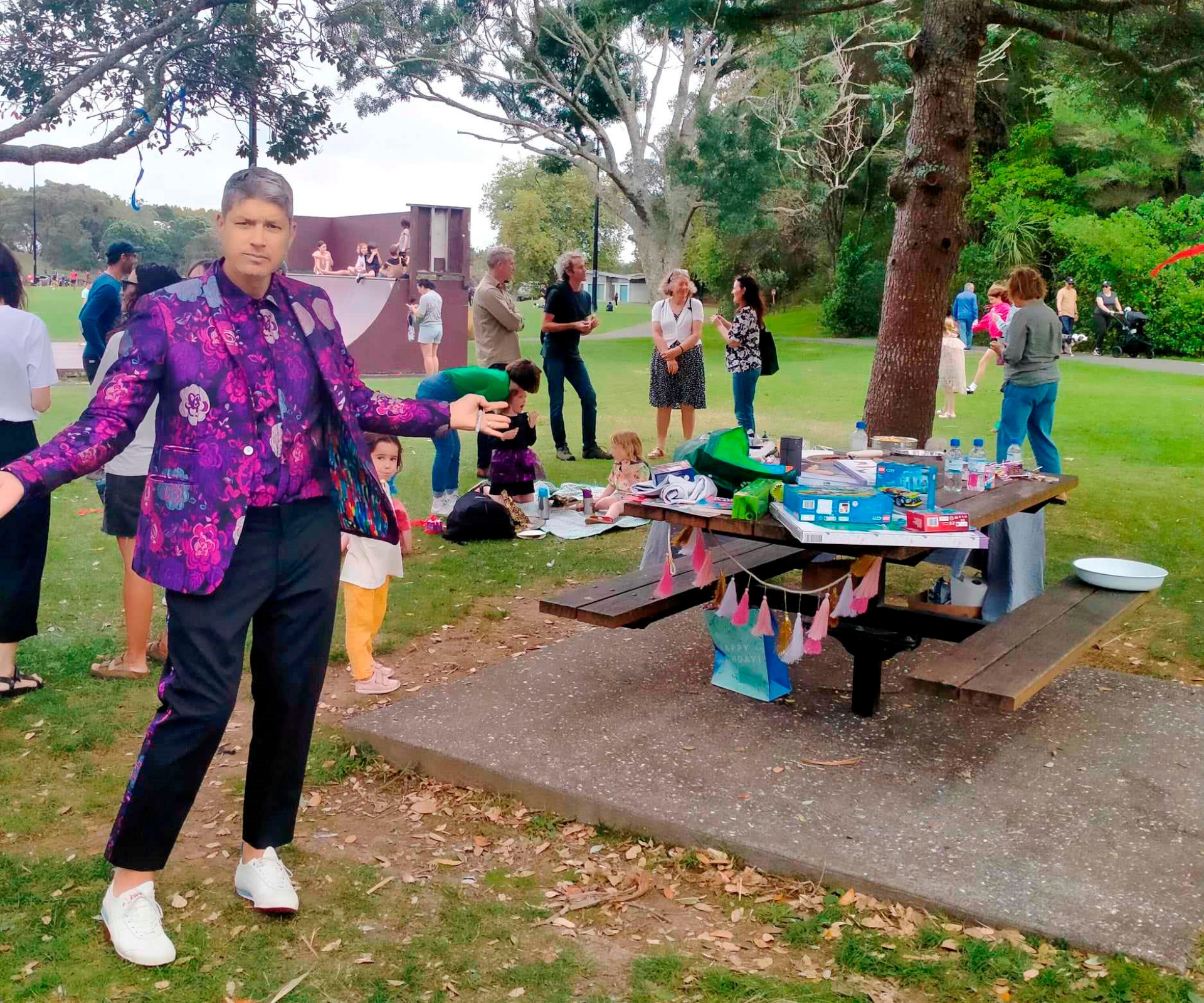 Jesse Mulligan in his purple suit at son Scout's birthday party