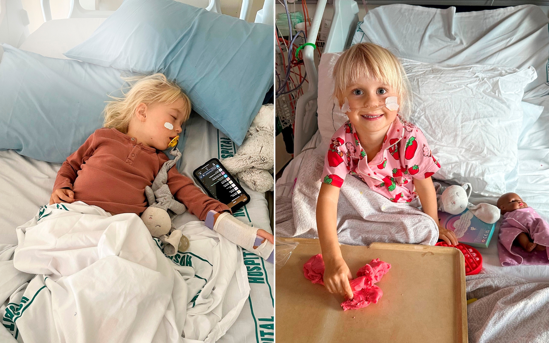 Two images side-by-side. The first of Gigi Lockwood asleep in a hospital bed with a splint on her arm, and the second of Gigi smiling while she plays with her toys in the hospital bed.