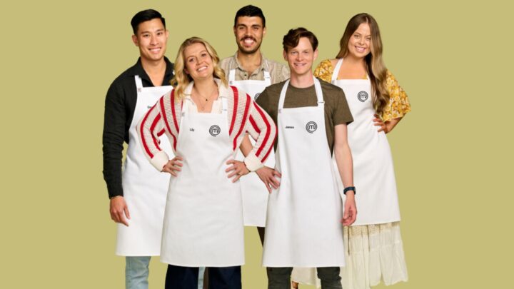 Five of the MasterChef Australia 2024 contestants standing in front of an olive background