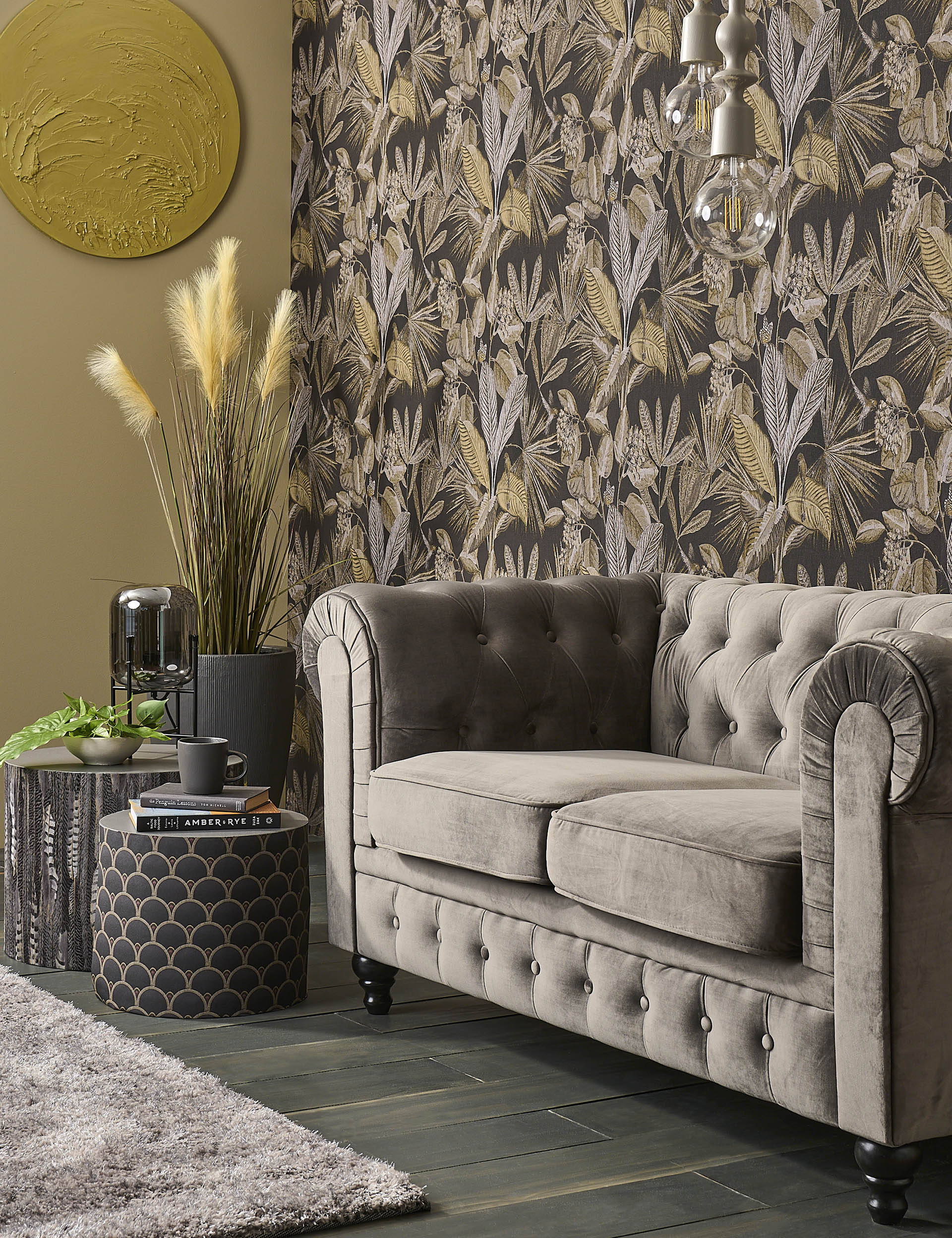1920s styled living room with a floral wallpaper