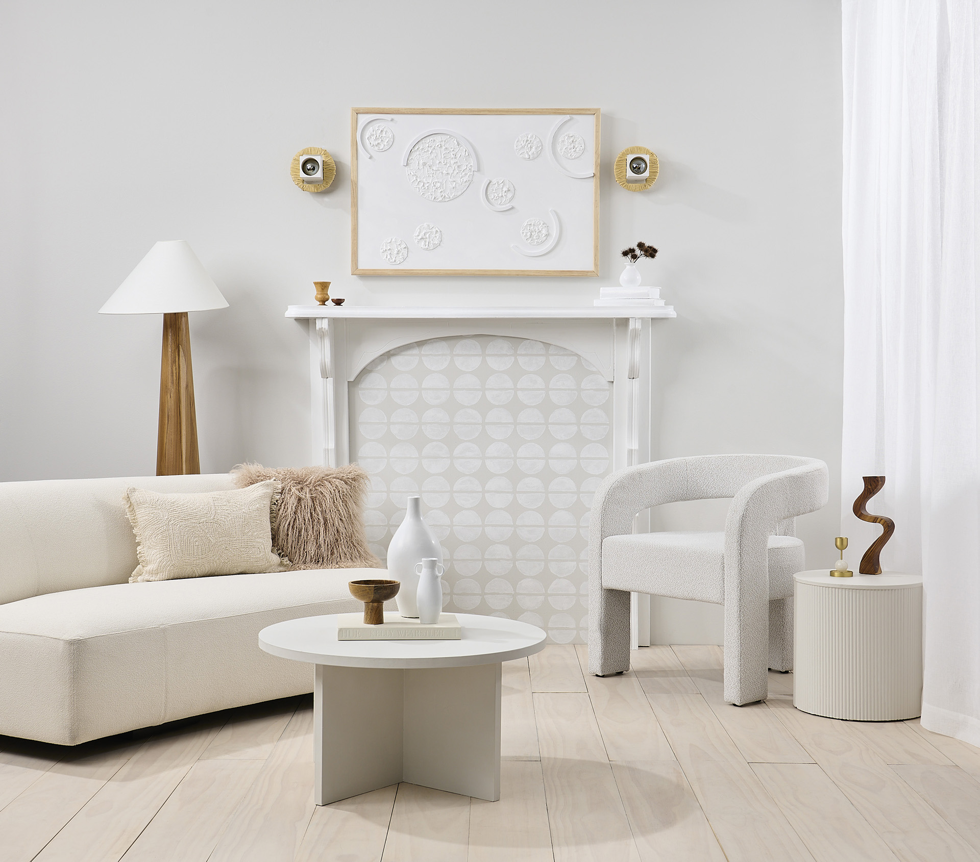 A muted palette living room with fireplace