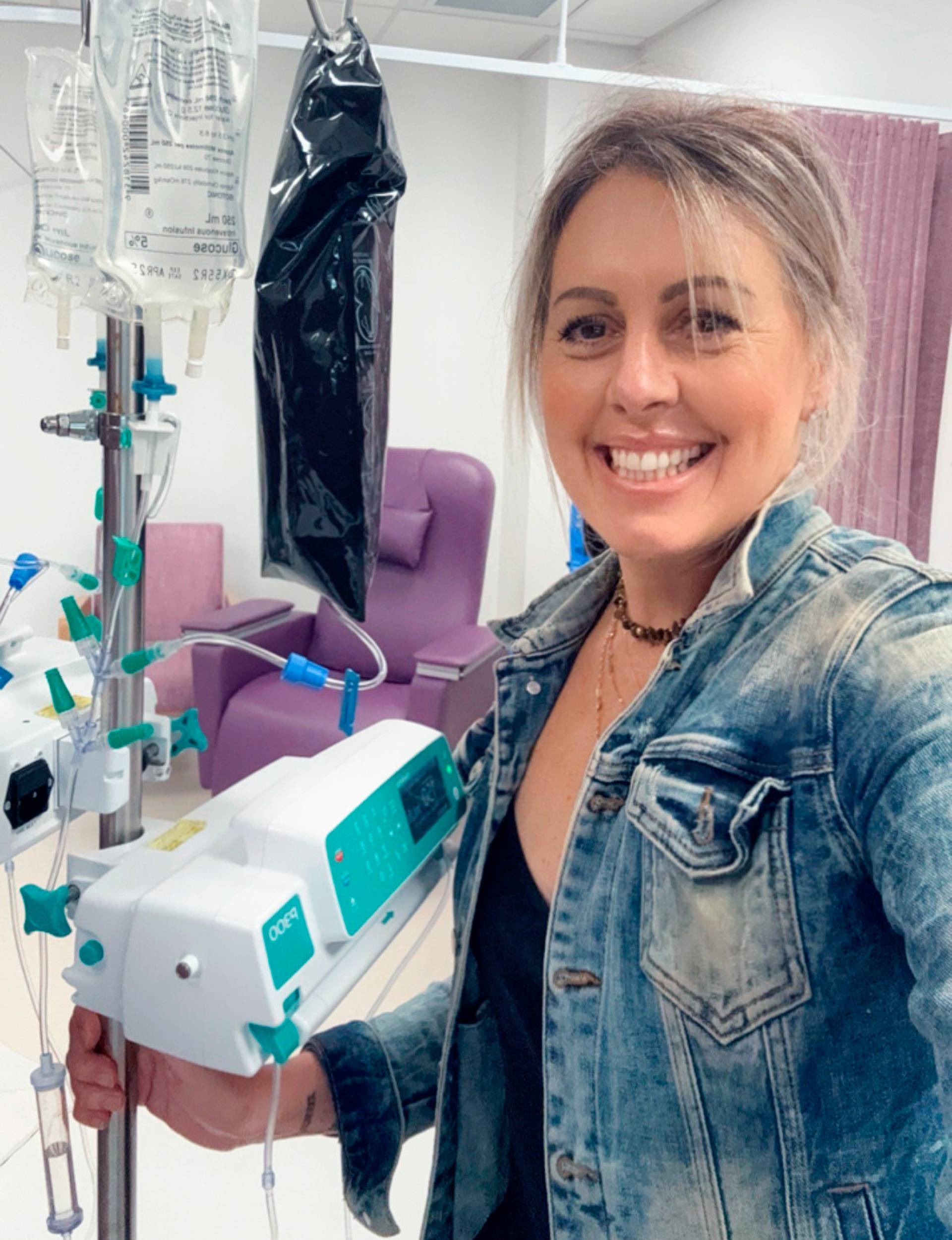 Jackie with her chemo bags and machines