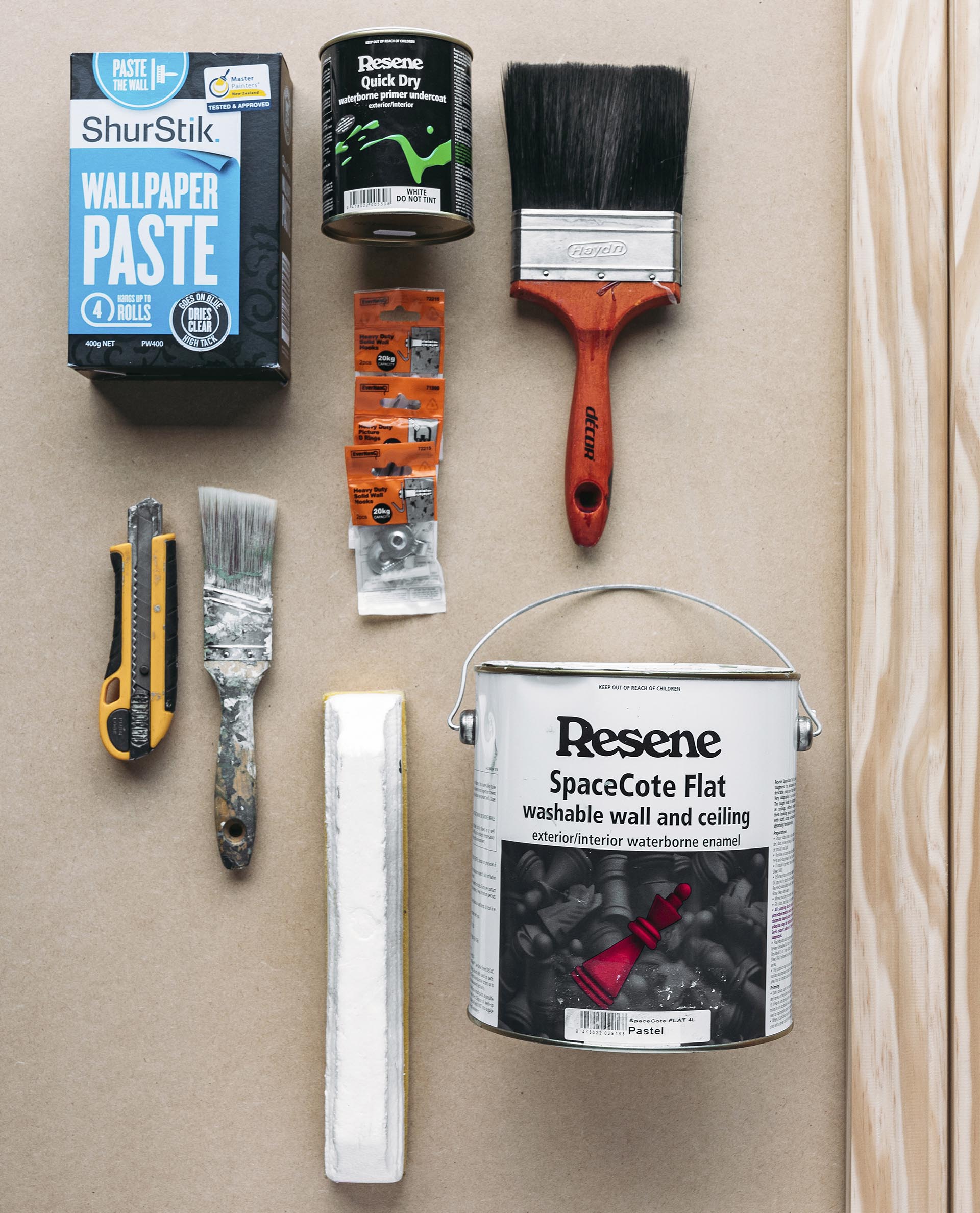 What you will need to create framed wallpaper print: wallpaper paste, Resene Quick Dry primer undercoat, brush, screws, knife cutter, Resene paint, leveller