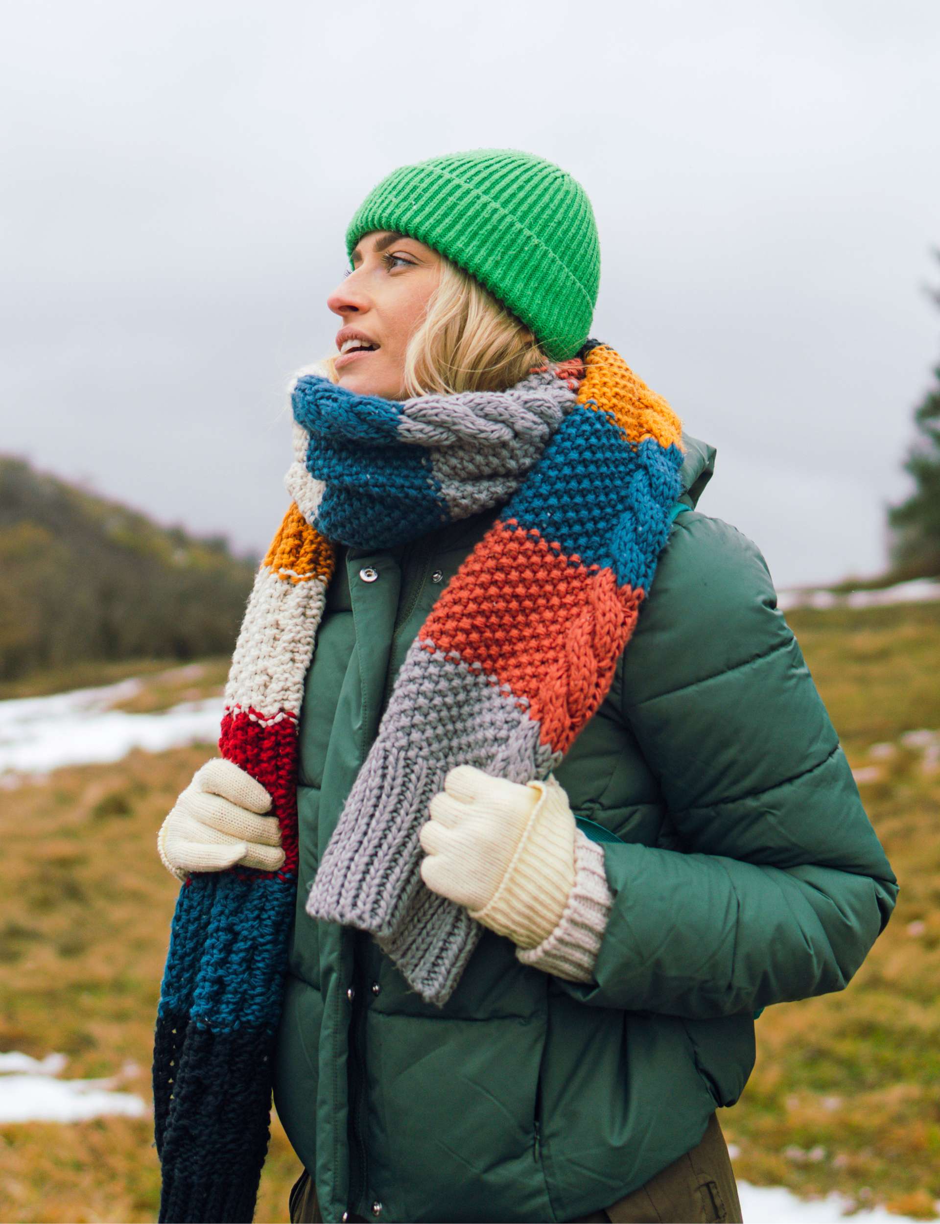Woman wearing a knitted scarf and beanie in the cold weather