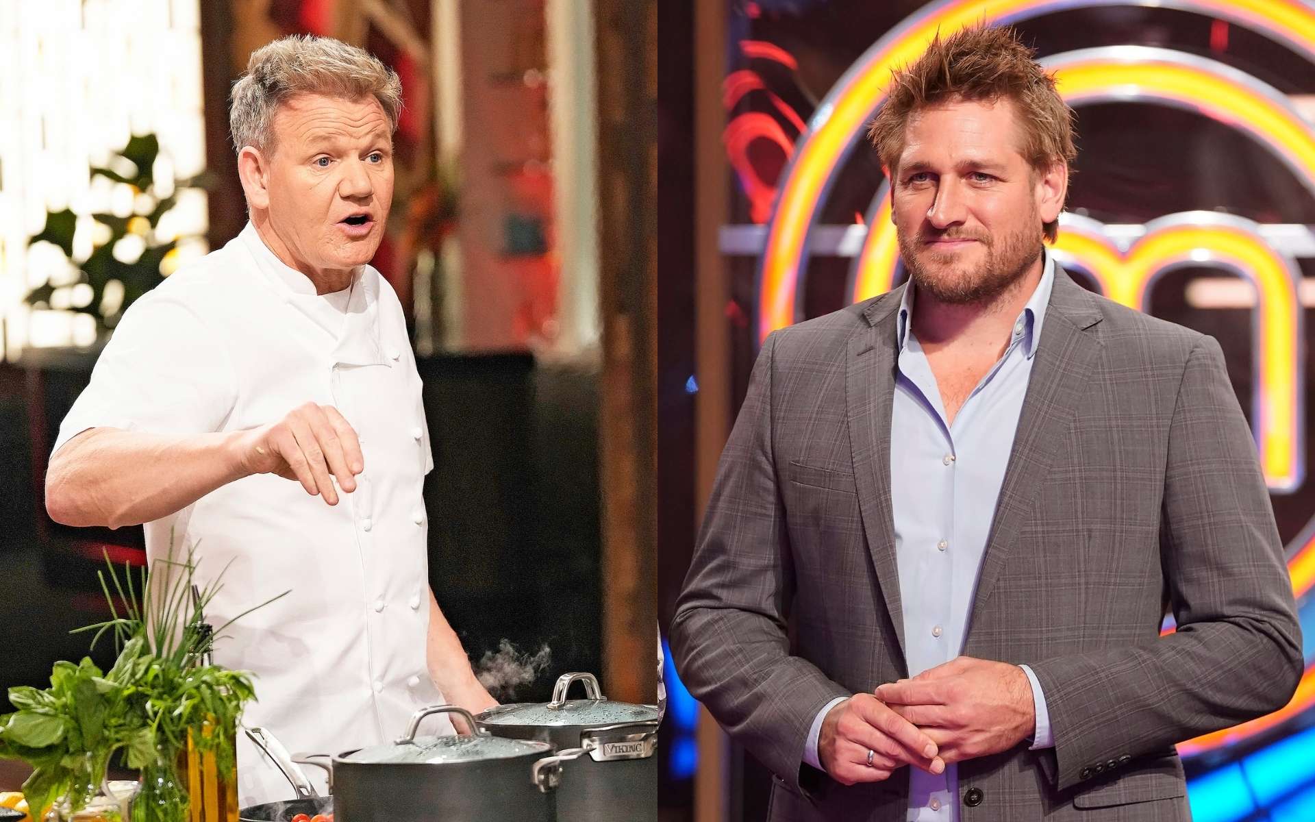 An image of Gordon Ramsay edited beside an image of Curtis Stone in the MasterChef kitchen