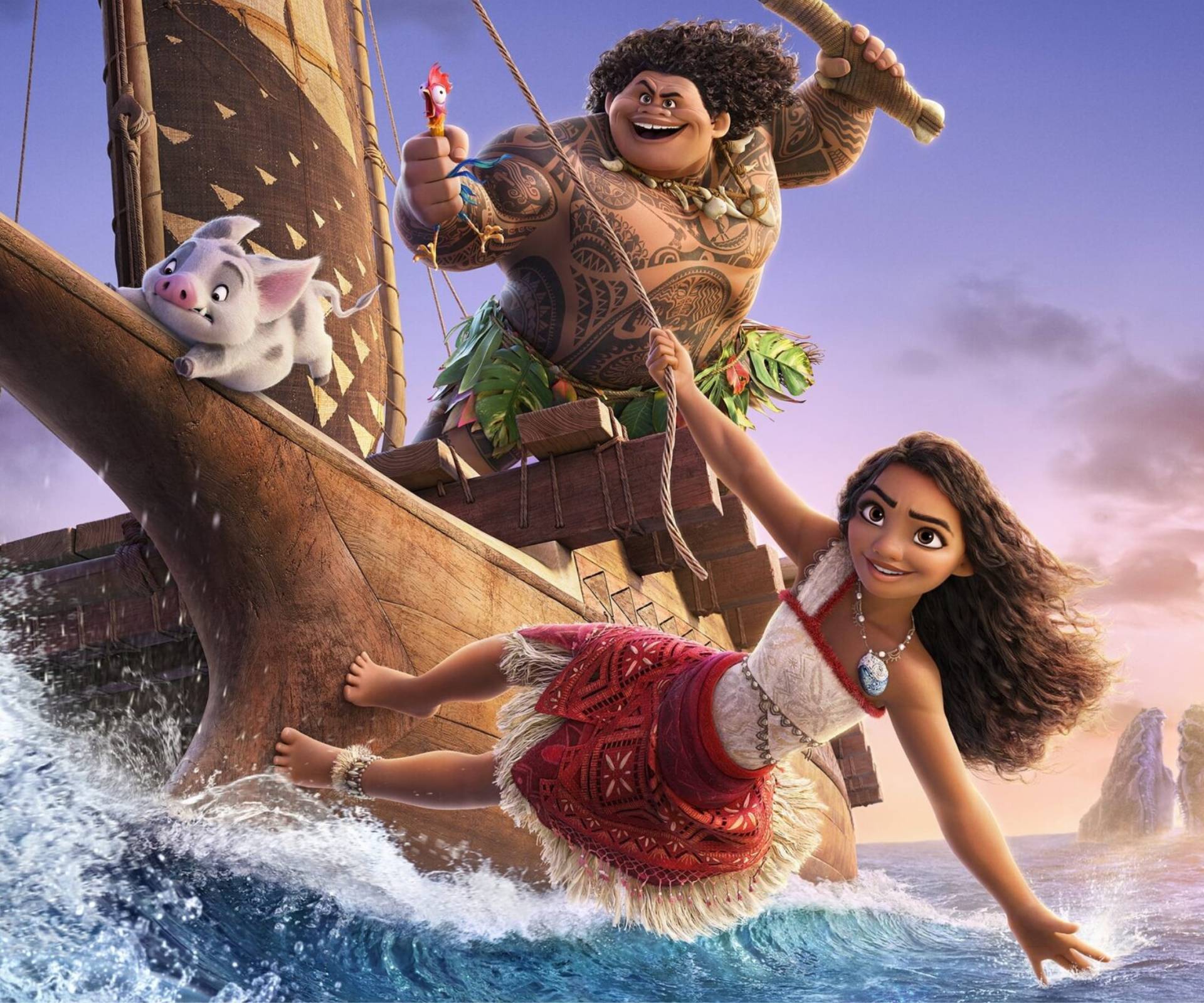 Cartoon characters Moana and Maui
