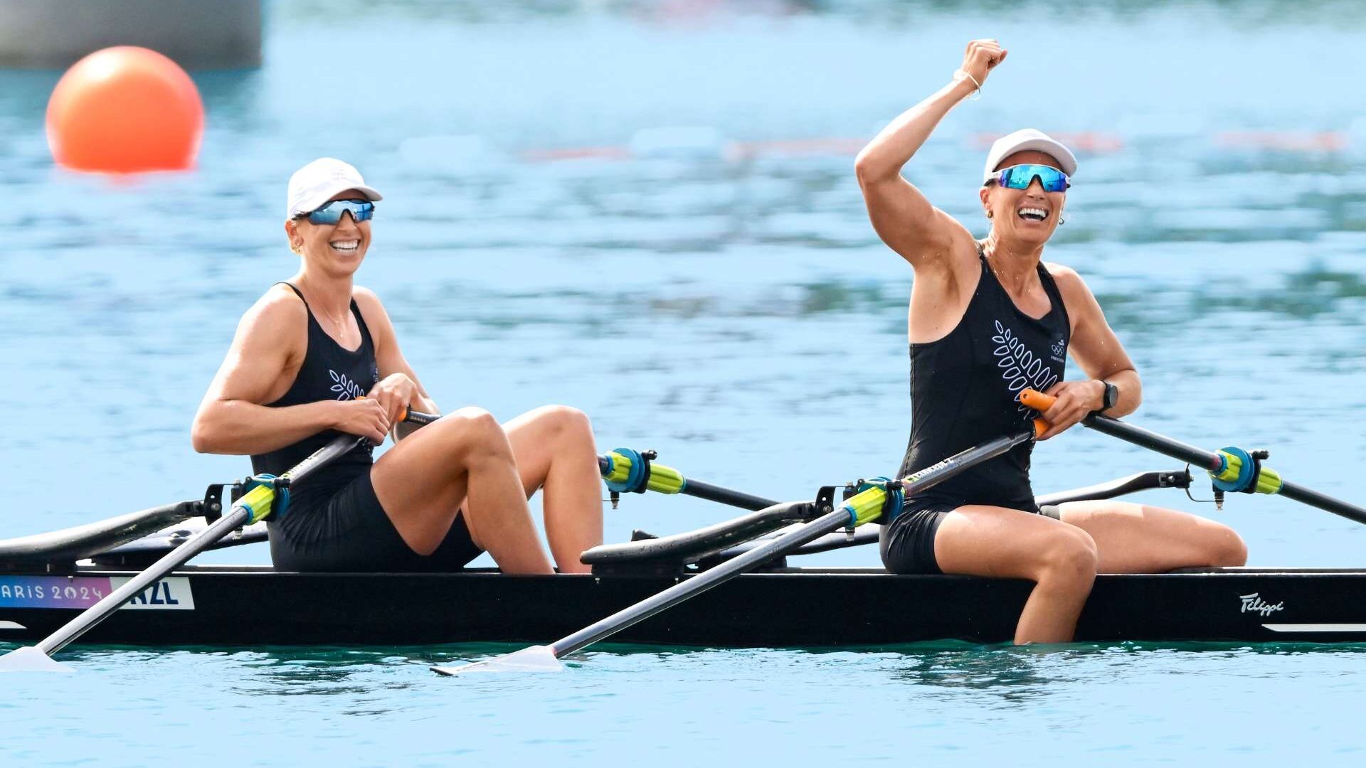 Brooke Francis and Lucy Spoors after their Olympic win in the boat