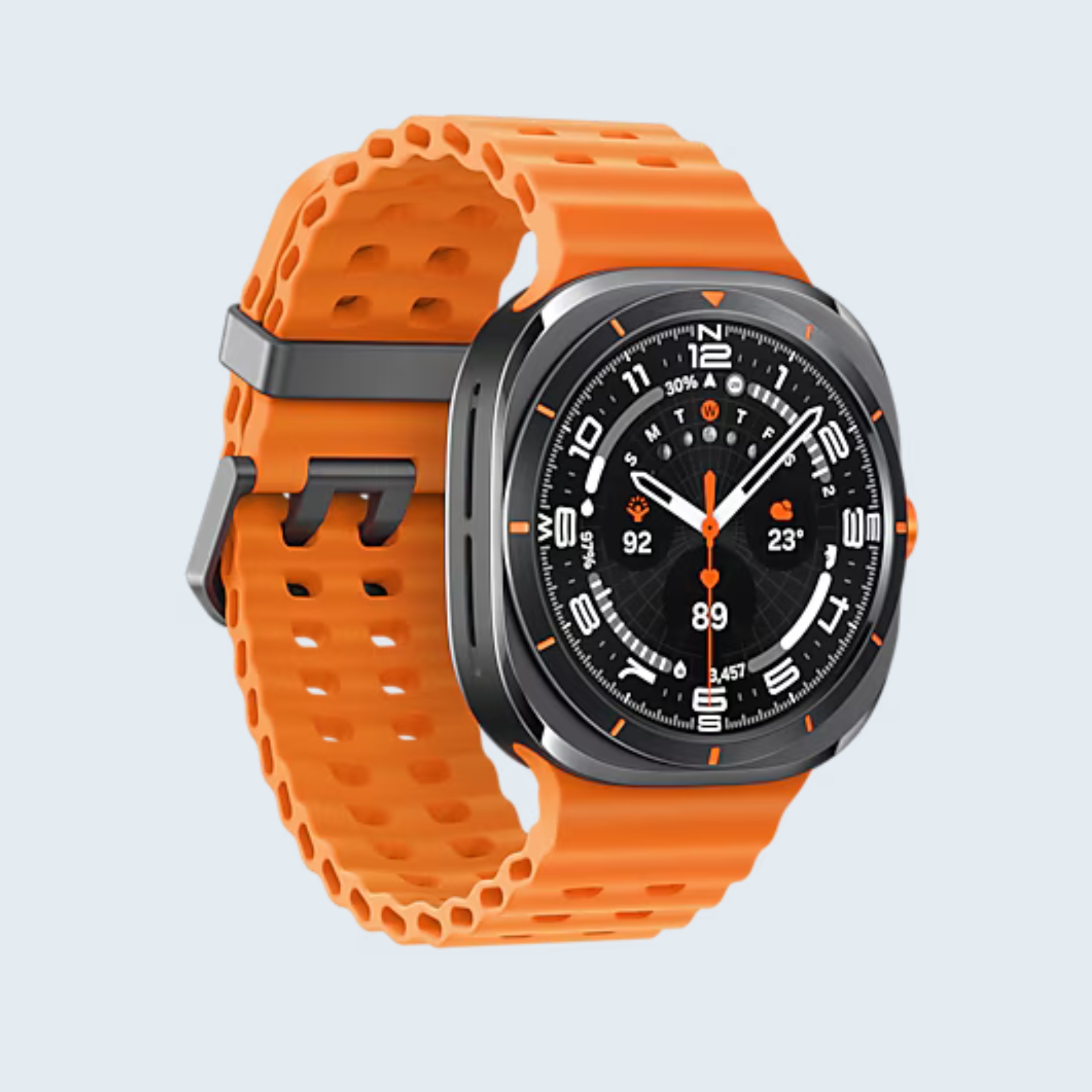 An orange Samsung Galaxy watch 