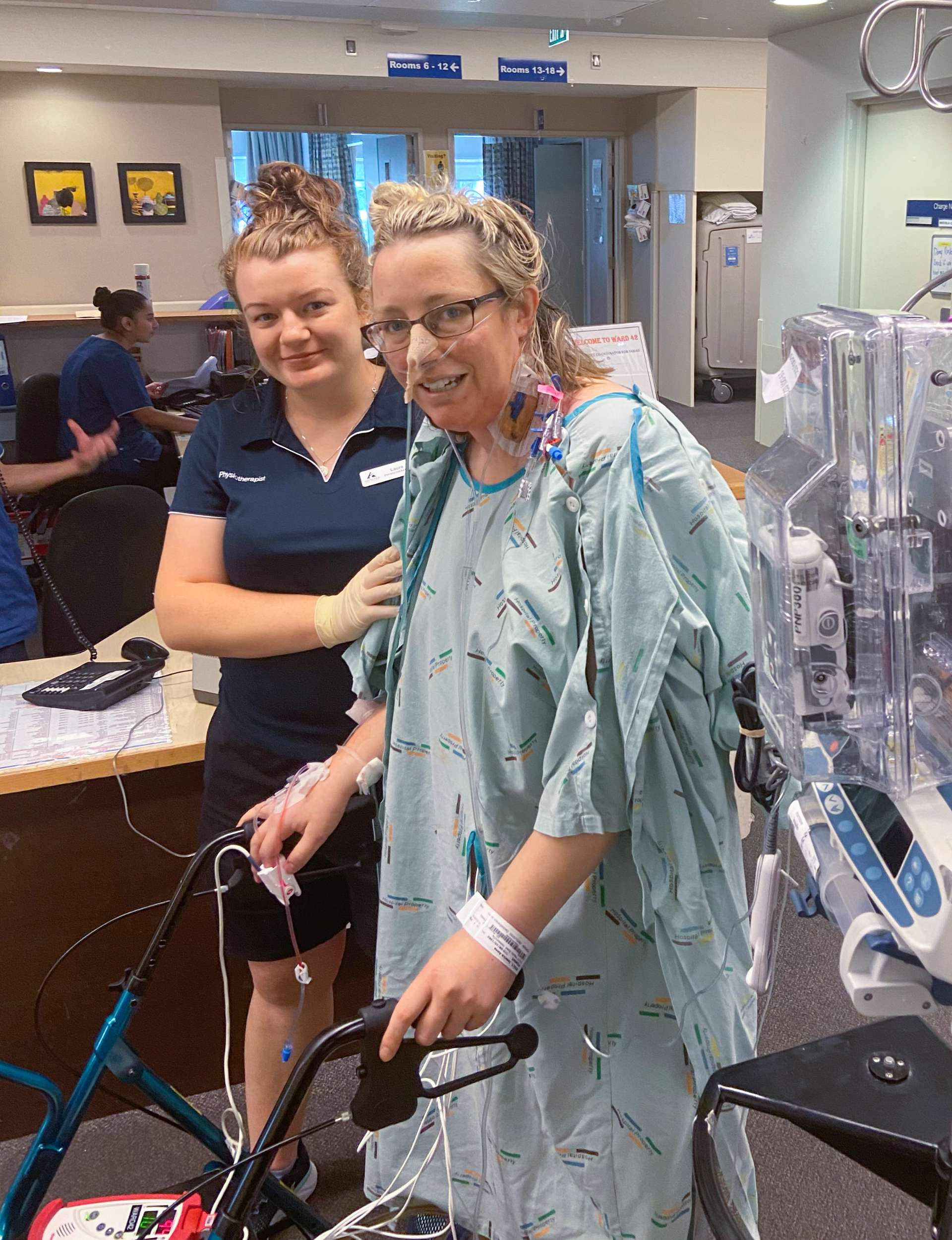 Jess covered in wires and tubes in the hospital after her surgery