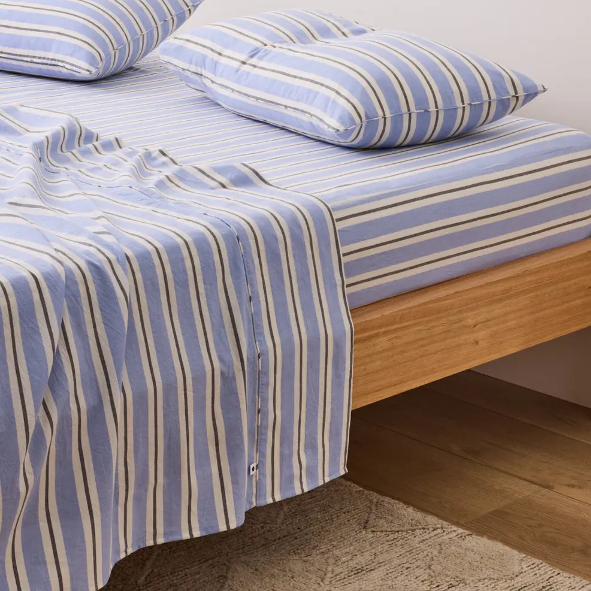 blue and beige striped sheet set