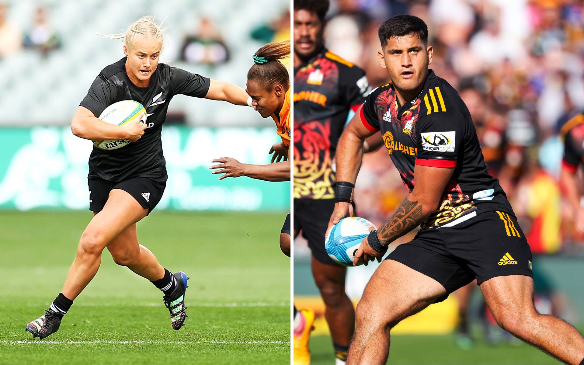 Grace Steinmetz and Rameka Poihipi in action for the Black ferns and the Chiefs rugby teams