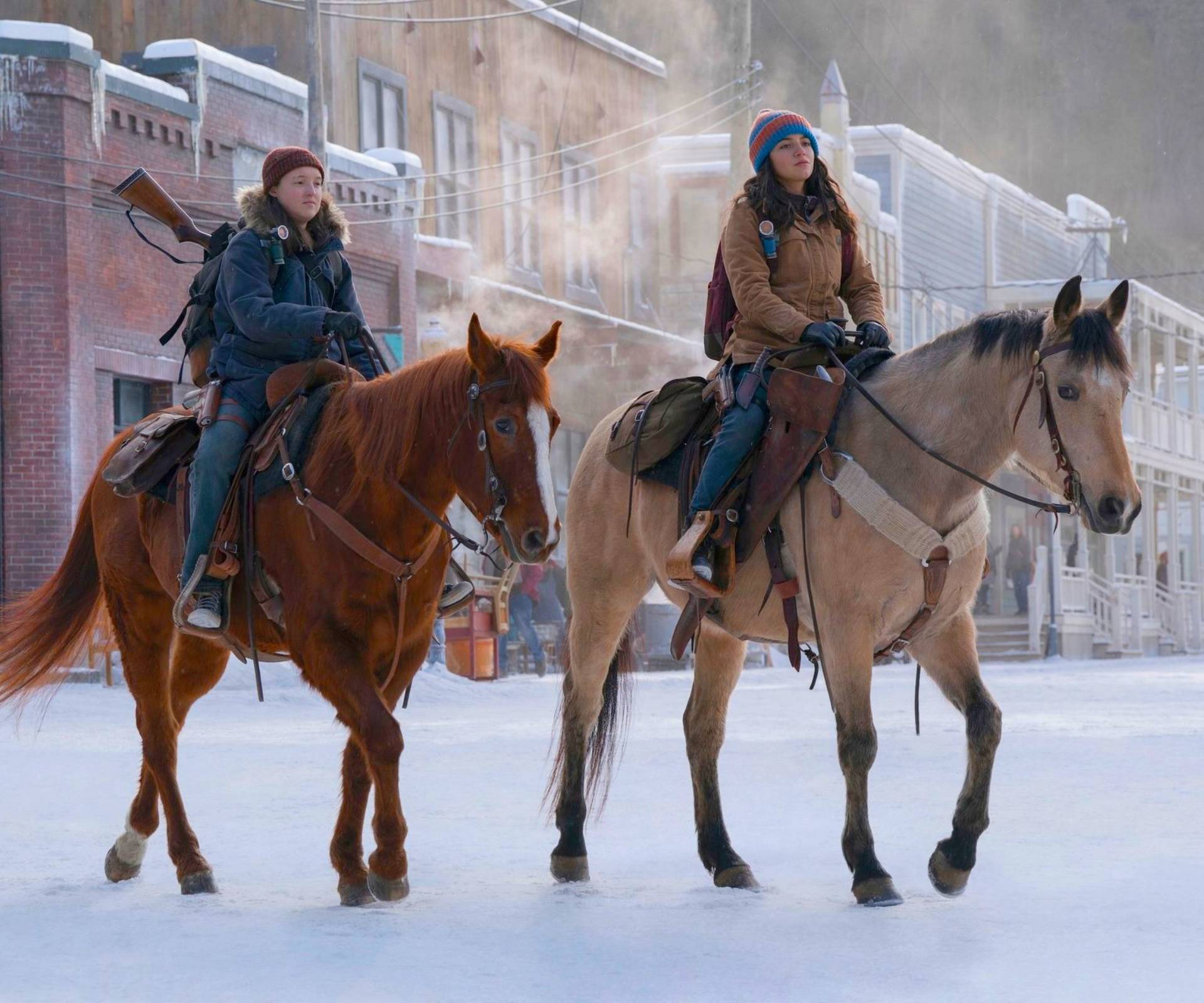 Bella and costar Dina riding horses in The Last Of Us