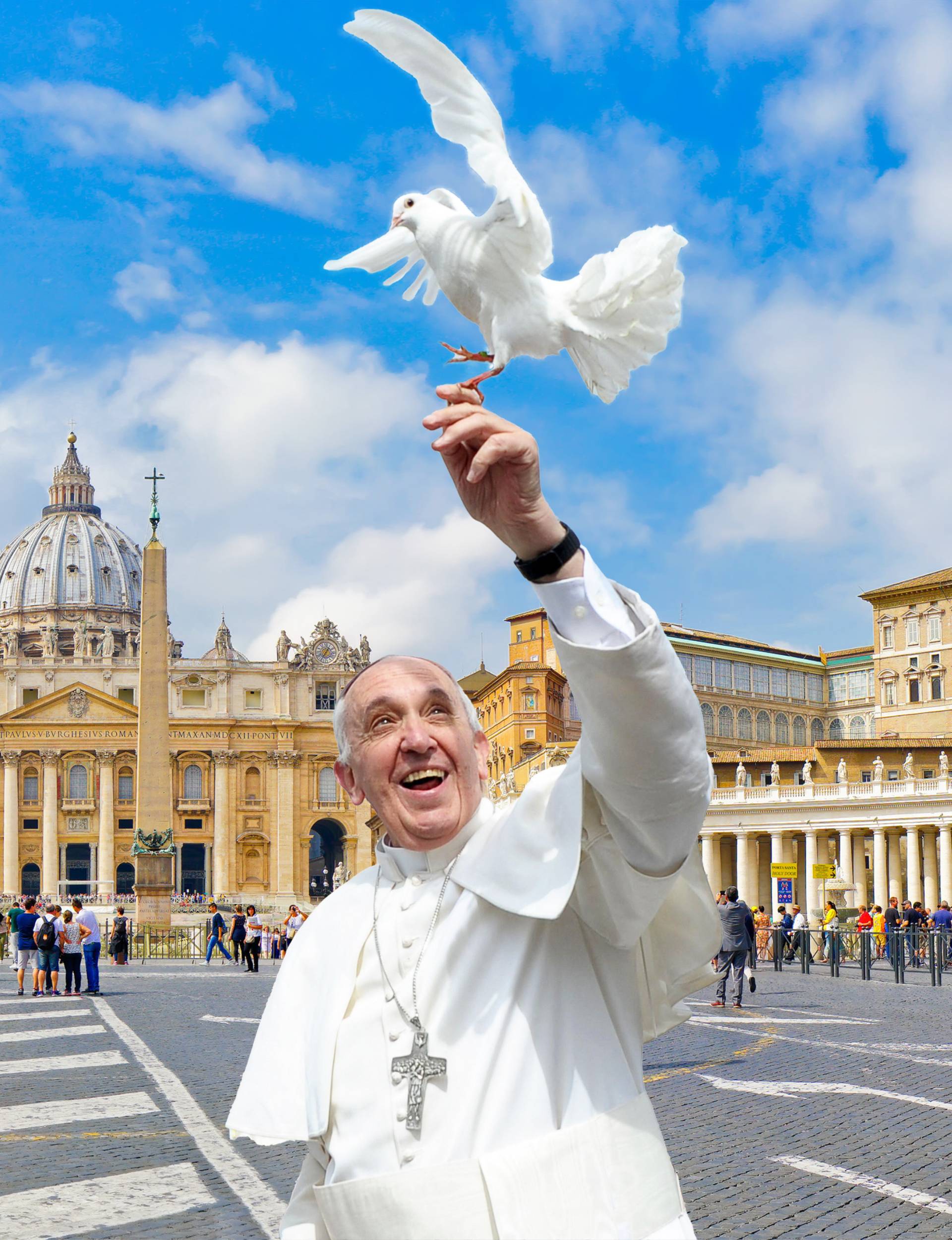 Pope Francis holding a white dove in front of the Vatican