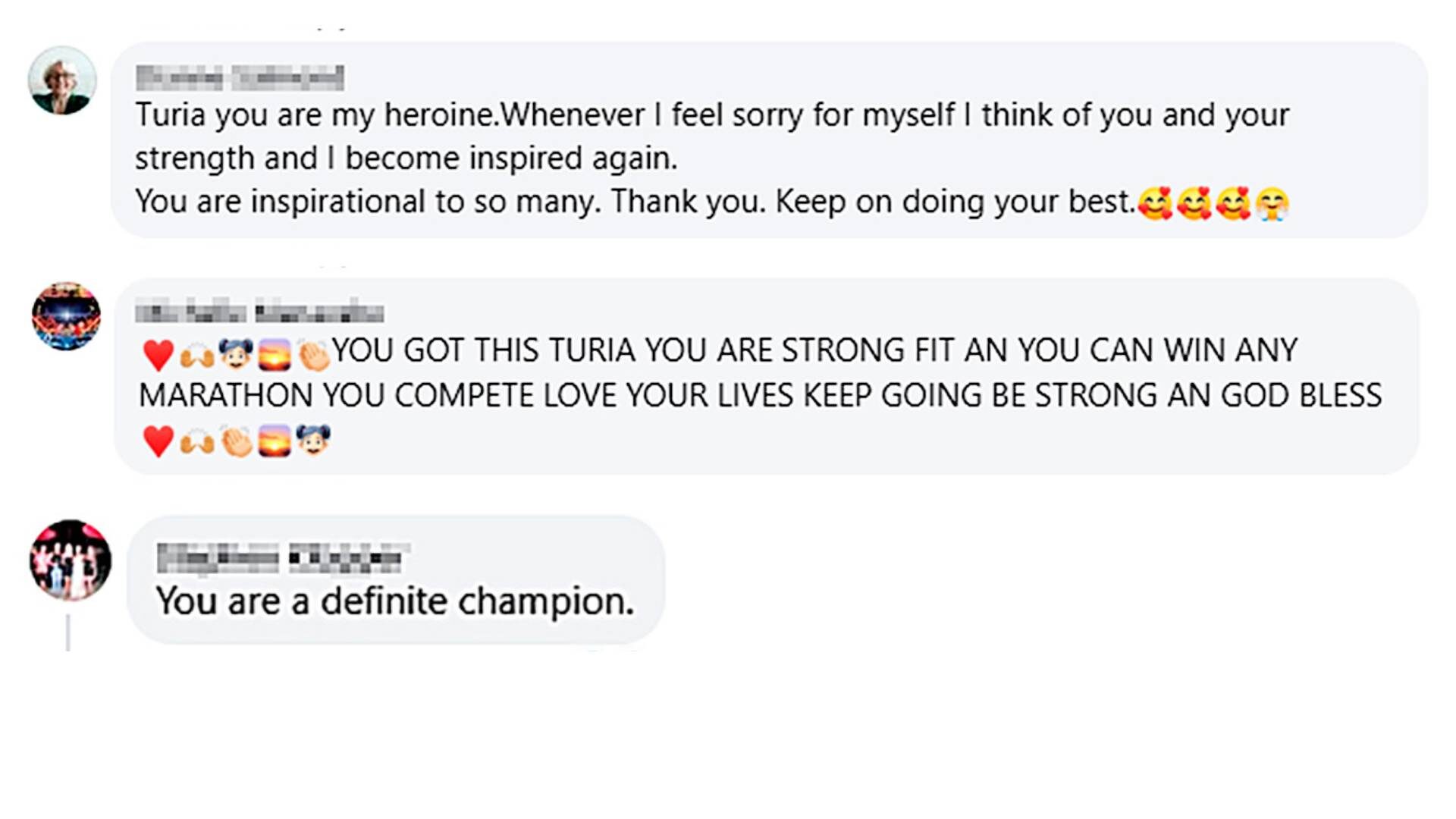 Social media comments in support of Turia Pitt