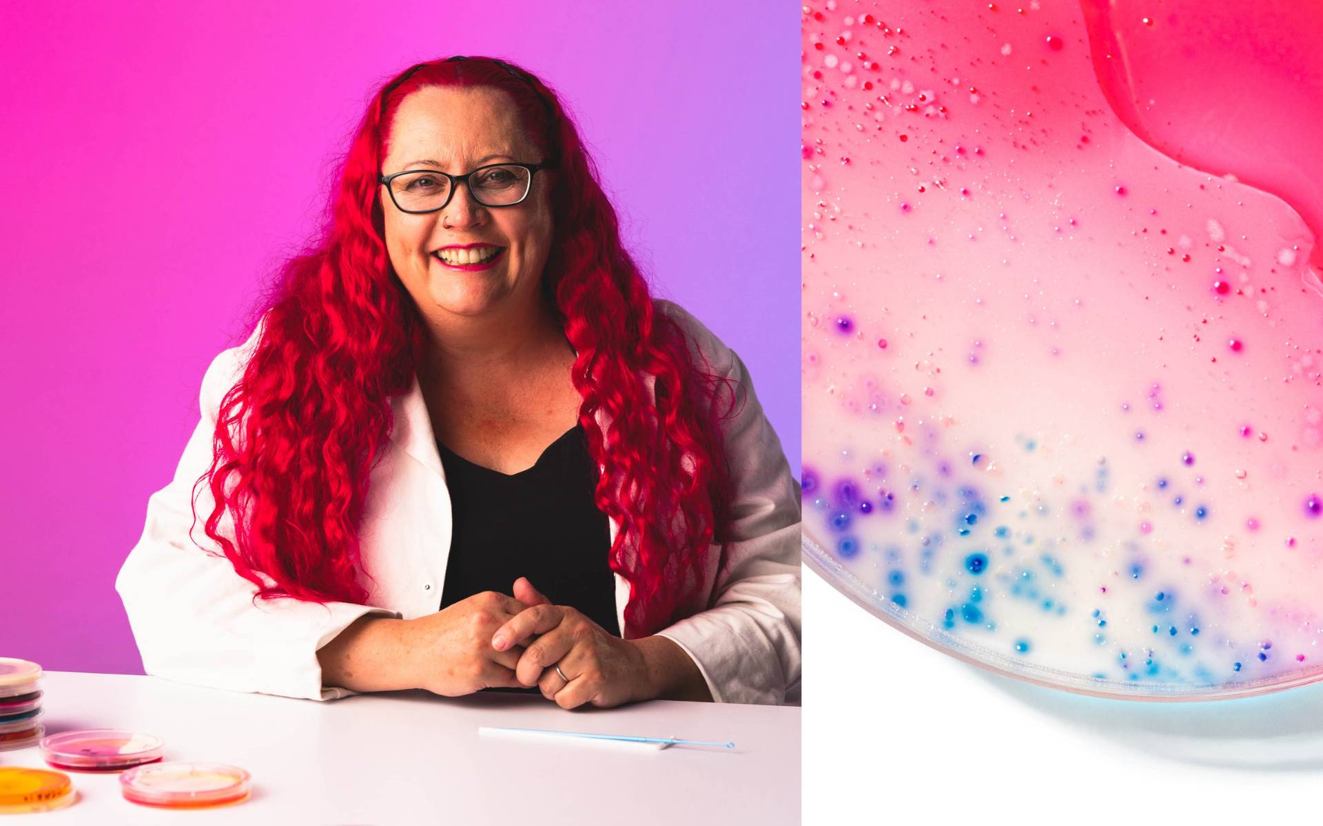 Dr Siouxsie Wiles with petri dishes