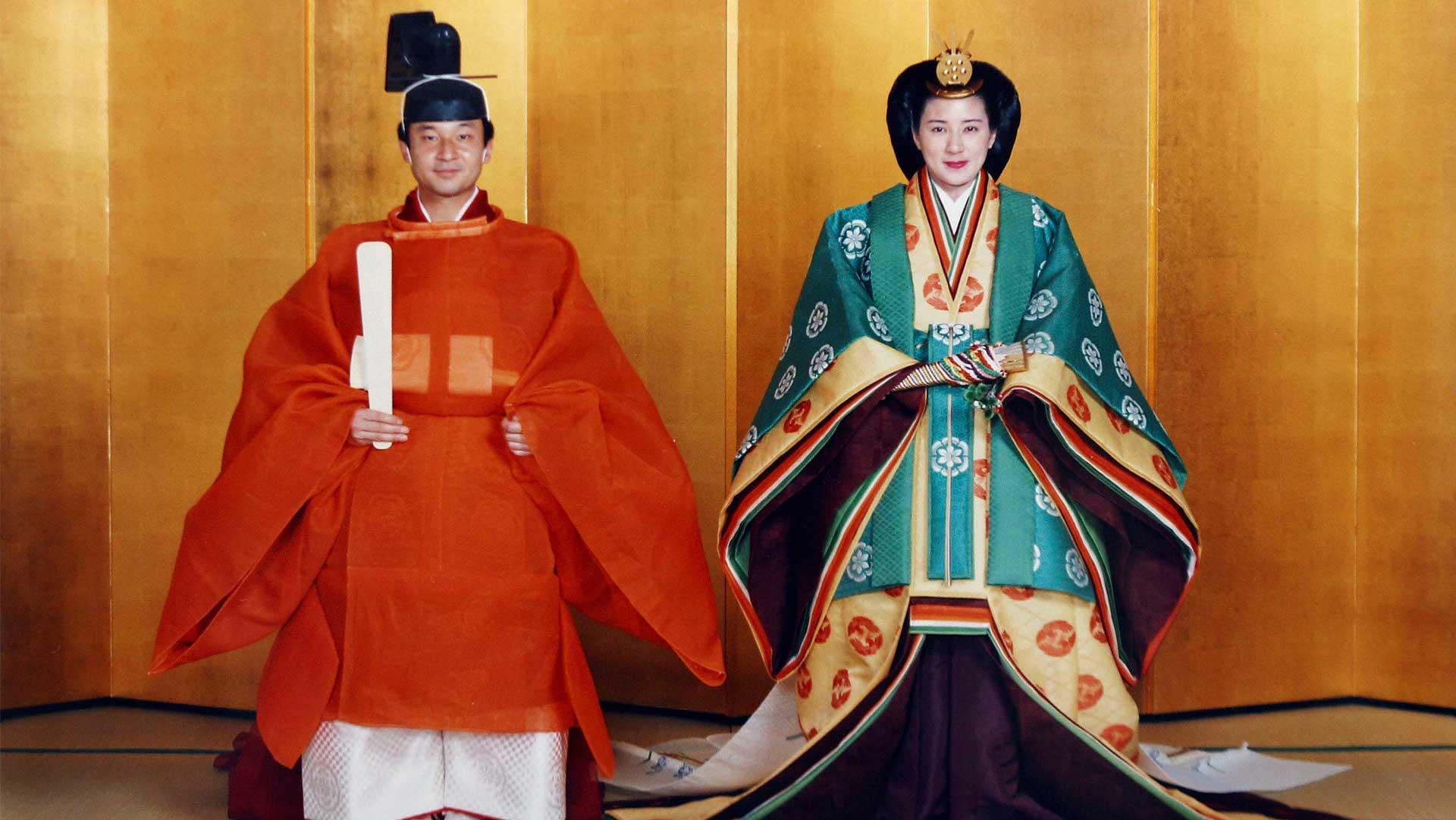 Crown Prince Naruhito of Japan and his bride Masako in their traditional wedding attire. 