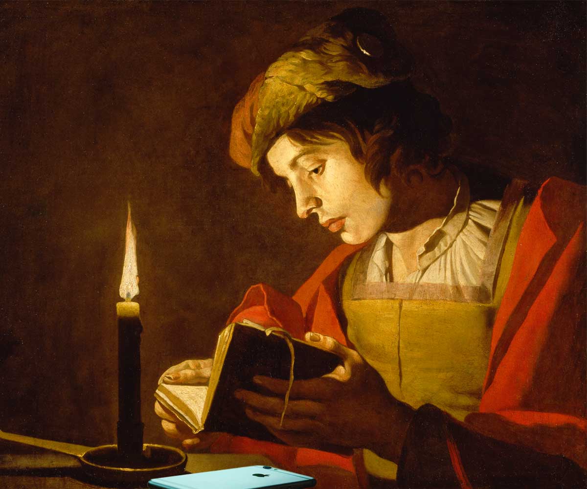 A Young Man Reading by Candlelight, c.1630 plus IPhone Photoshopped in by author