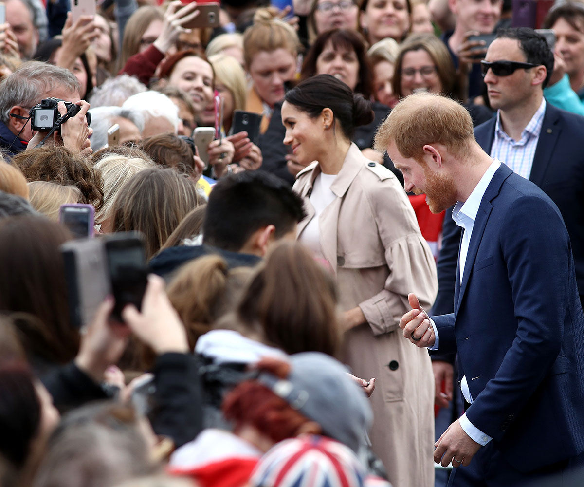 Duchess Meghan gets a blast from the past during a walkabout with Prince Harry at Auckland’s Viaduct Harbour