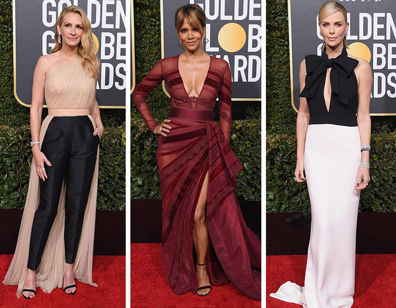 Golden Globe awards red carpet fashion Julia Roberts Halle Berry Charlize Theron
